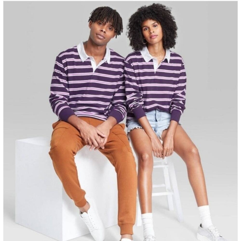 WILD FABLE Purple White Striped Rugby Shirt Unisex Sizing Preppy Men's Small NEW